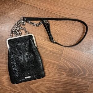 Vtg. 90s/y2k Black Perforated Leather Jessica Simpson Silver Chain Crossbody